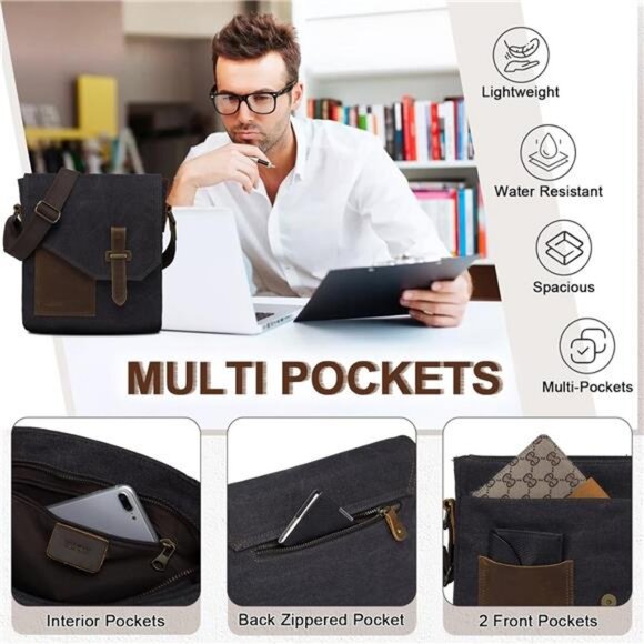 Small Messenger Bag, Vintage Canvas Leather Lightweight Crossbody Bag - Picture 6 of 7